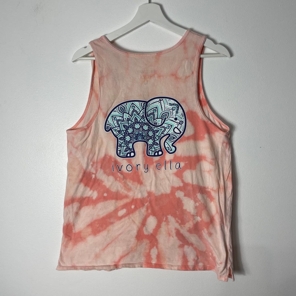 Ivory Ella w/ Custom Bleach tie dye tank top shirt Elephant Boho Orange Womens L